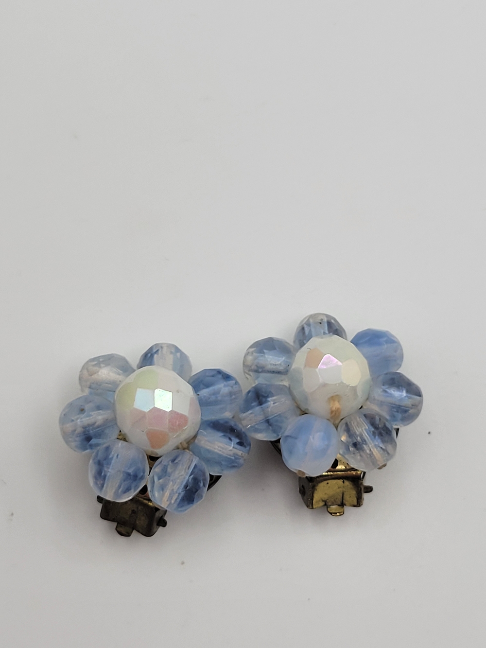 Vintage Blue Beaded Flower Clip Earrings